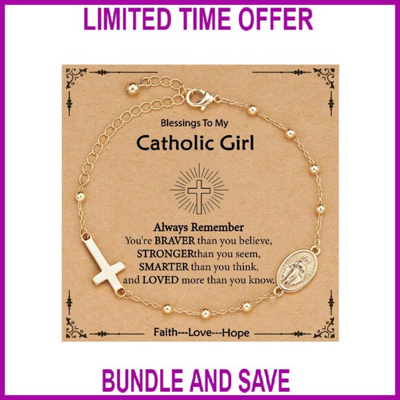 Virgin Mary Cross Charm Bracelet 14K Gold Plated 6" Length - Picture 1 of 7